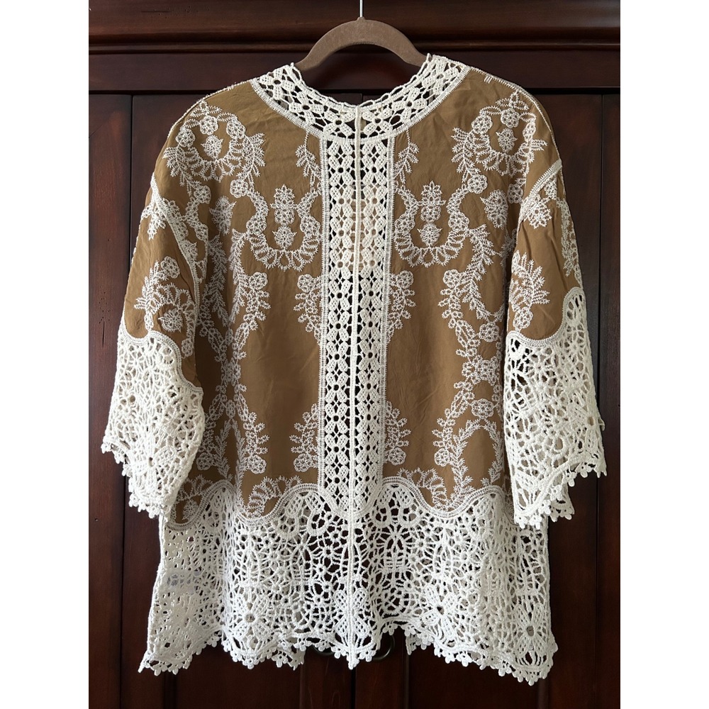 NWT Democracy Women Embroidered Crochet Lace Kimono Cardigan Shrug Bronze Gold M - Picture 3 of 11